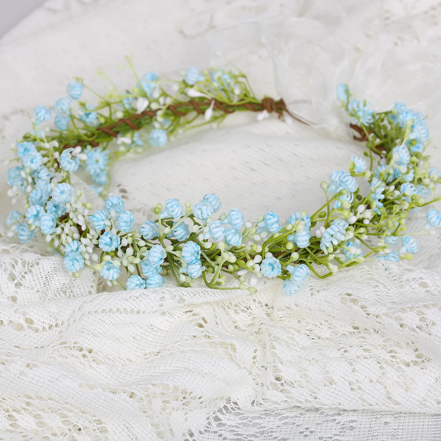 Adjustable Flower Headband Floral Garland Crown Halo Headpiece Boho with Ribbon Wedding Festival Party
