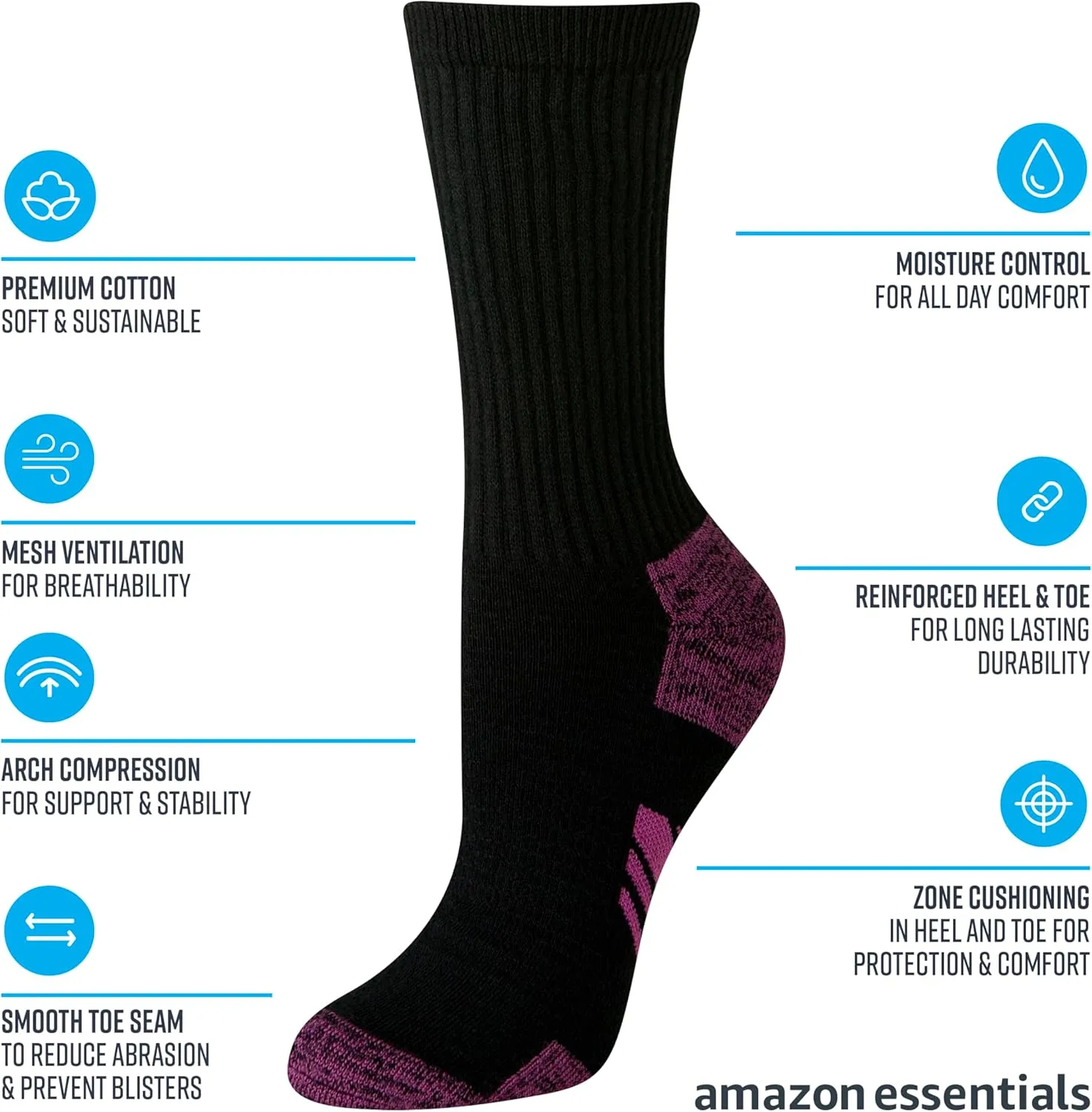 Amazon Essentials Women's Performance Cushioned Breathable Cotton Athletic Crew Sports Socks, 6 Pairs