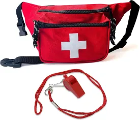 ASA TECHMED Lifeguard Fanny Pack with Whistle Lanyard - Baywatch Style First Aid Hip Pack w/Adjustable Strap, Cross Logo   Zipper Pouch, Emergency Equipment Set Red