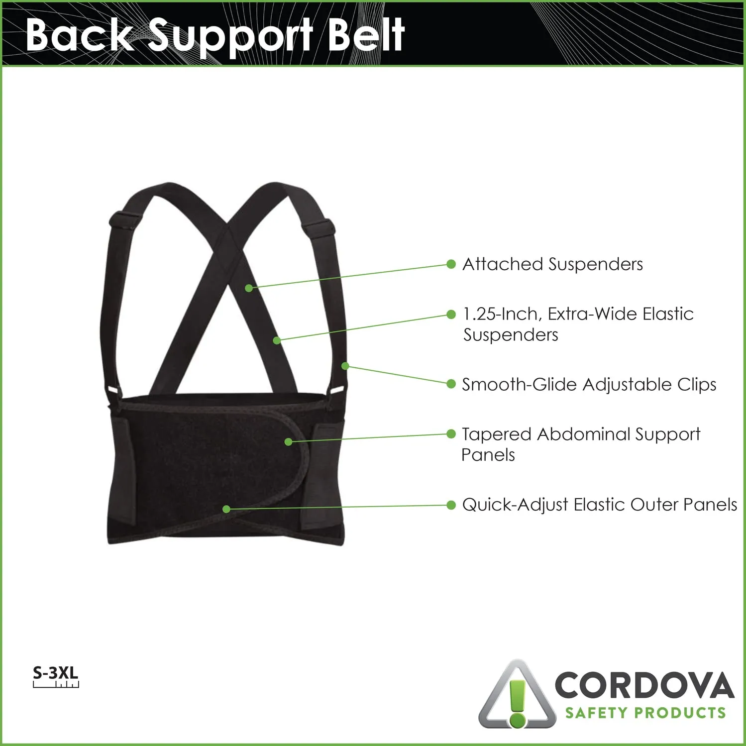 Back Support Belt with Attached Suspenders, Quick Adjust Elastic Outer Panels