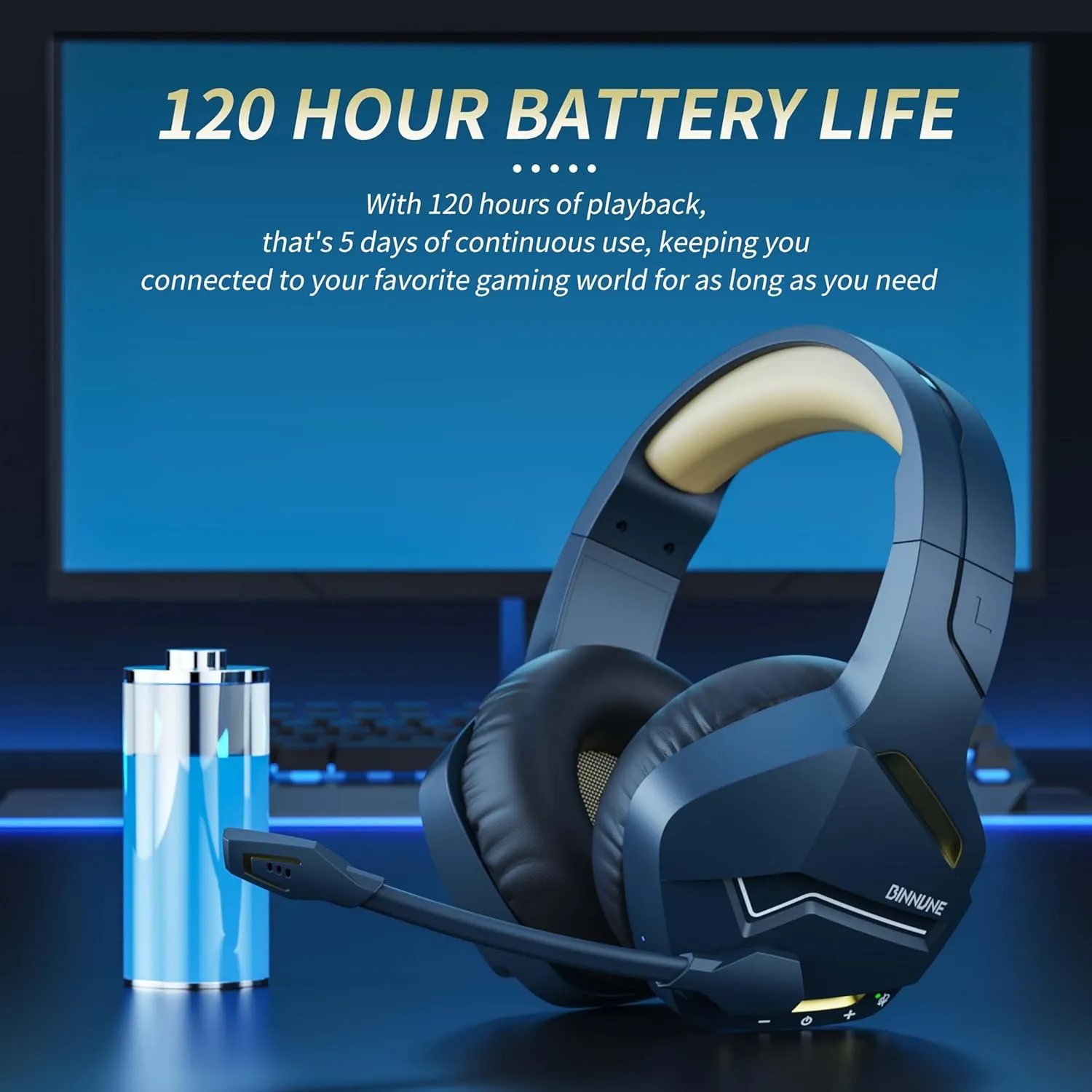 BINNUNE Wireless Gaming Headset with 2.4GHz for PS5, PS4, PC, Switch, FPS Gamers, 120Hrs  Bluetooth 5.3 Gaming Headsets with Noise Canceling Mic, 50MM Headphones for Laptop, Mobile, Mac