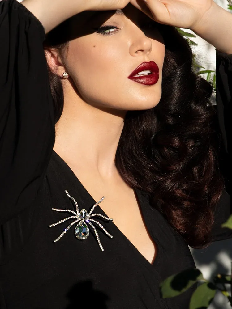 Black Widow Rhinestone Spider Brooch - CRYSTAL
