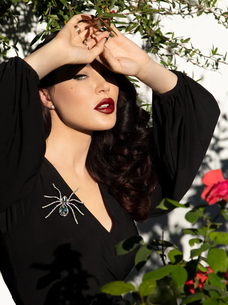 Black Widow Rhinestone Spider Brooch - CRYSTAL