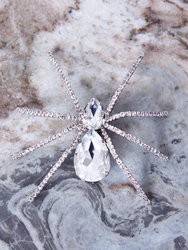 Black Widow Rhinestone Spider Brooch - CRYSTAL