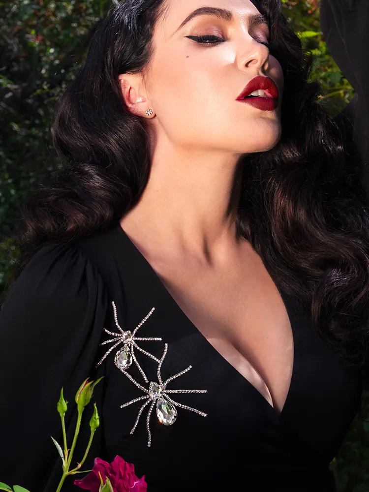 Black Widow Rhinestone Spider Brooch - CRYSTAL