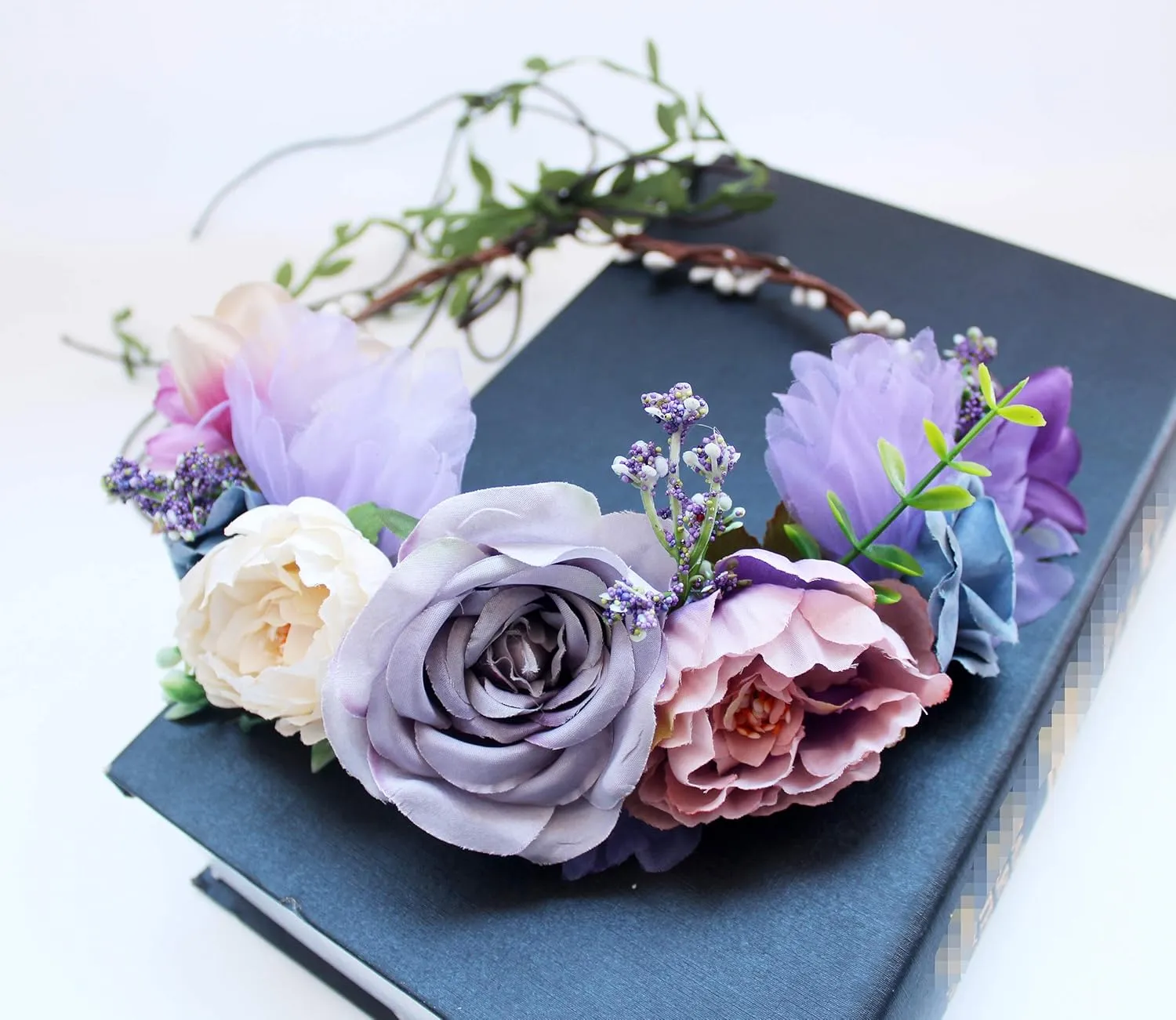Boho Flower Crown Flower Garland Headband Hair Wreath Floral Halo Headpiece with Ribbon Wedding Party Lavander