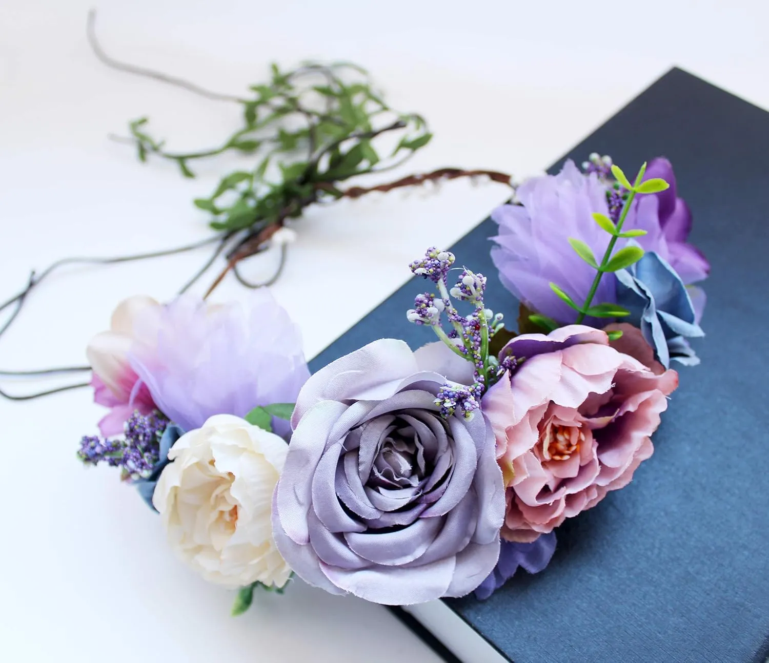 Boho Flower Crown Flower Garland Headband Hair Wreath Floral Halo Headpiece with Ribbon Wedding Party Lavander