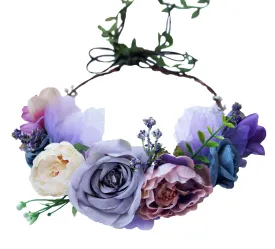 Boho Flower Crown Flower Garland Headband Hair Wreath Floral Halo Headpiece with Ribbon Wedding Party Lavander