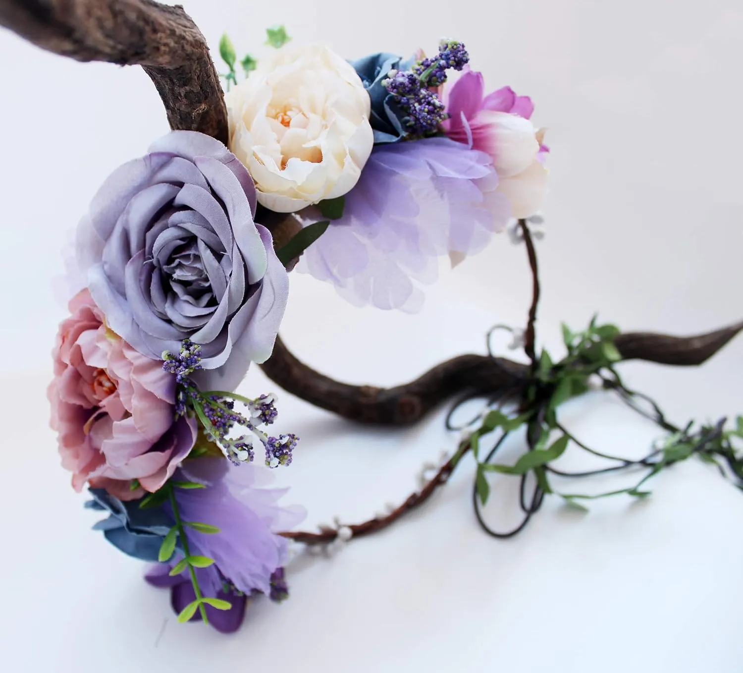 Boho Flower Crown Flower Garland Headband Hair Wreath Floral Halo Headpiece with Ribbon Wedding Party Lavander