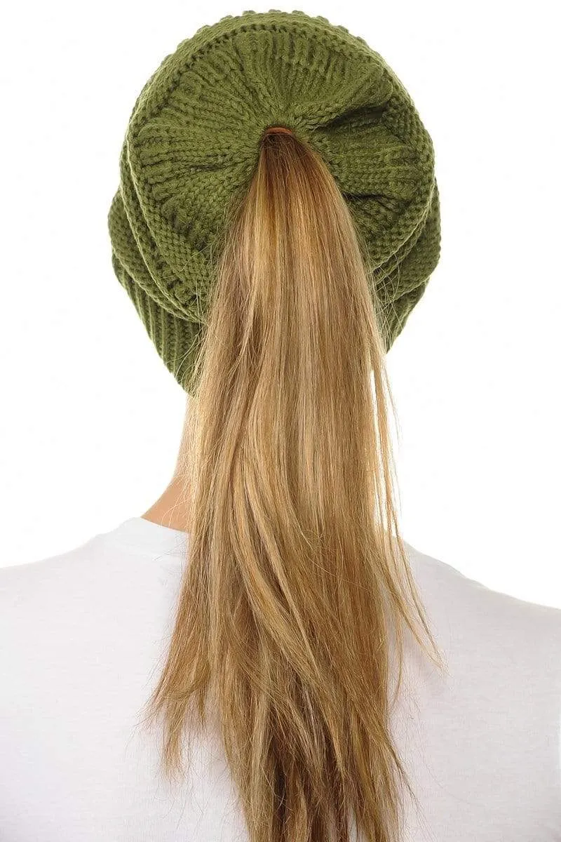 C.C MB20A  - Soft Stretch Cable Knit Warm Hat High Bun Ponytail Beanie