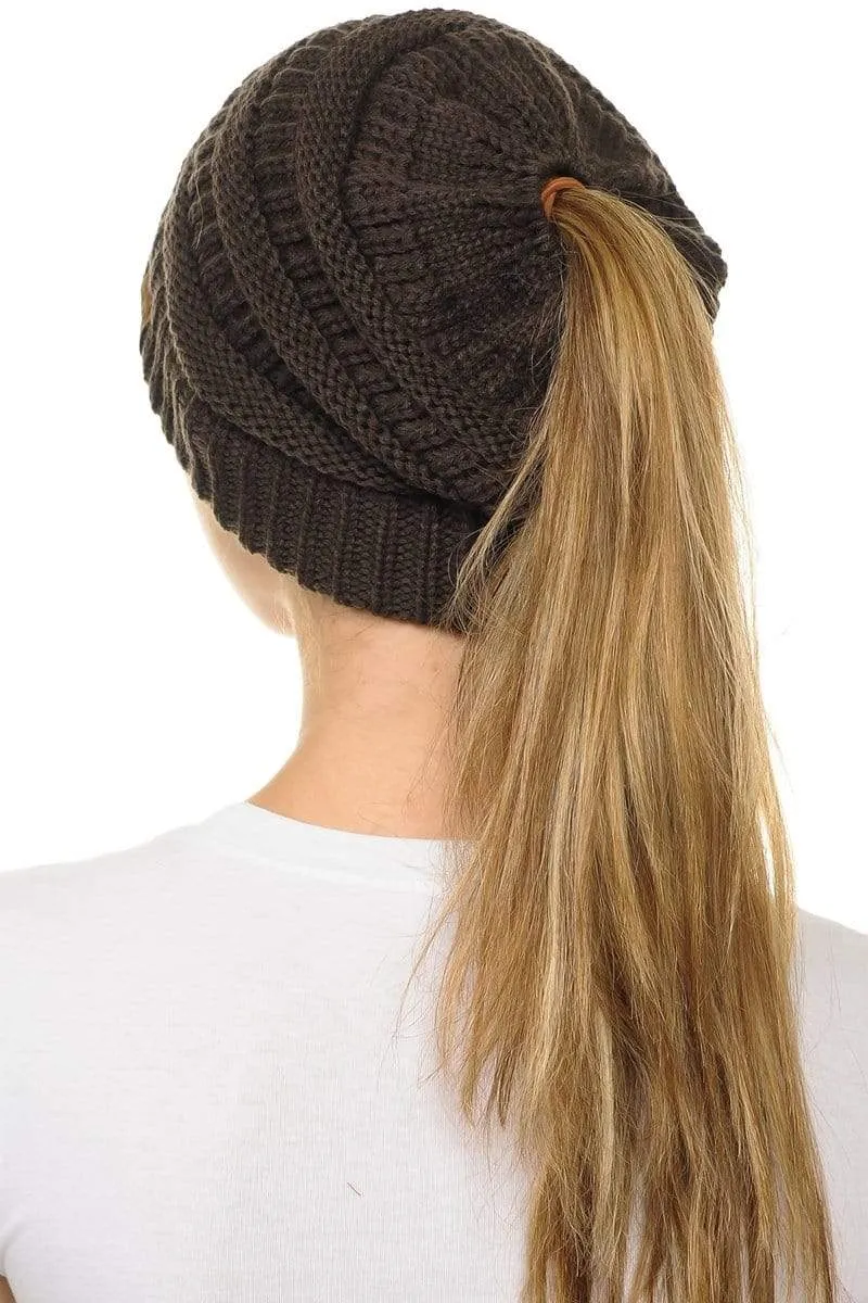 C.C MB20A  - Soft Stretch Cable Knit Warm Hat High Bun Ponytail Beanie