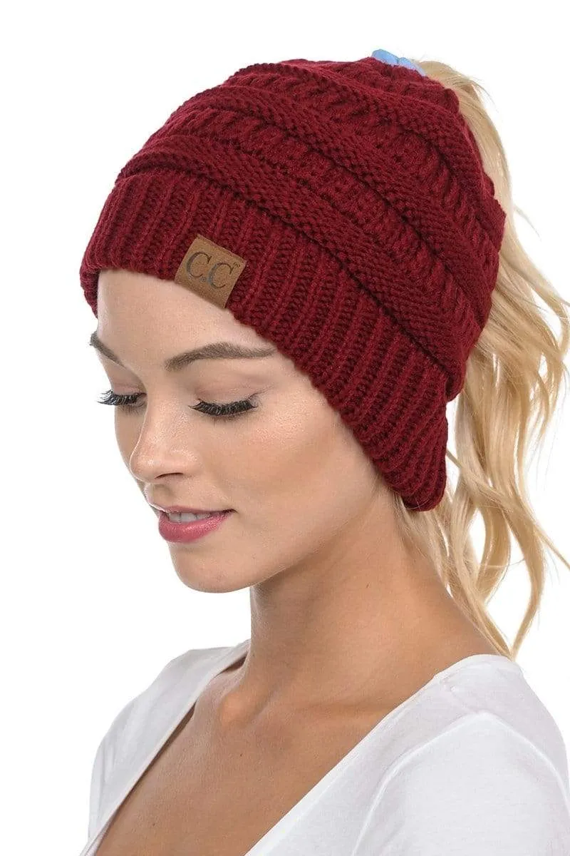C.C MB20A  - Soft Stretch Cable Knit Warm Hat High Bun Ponytail Beanie