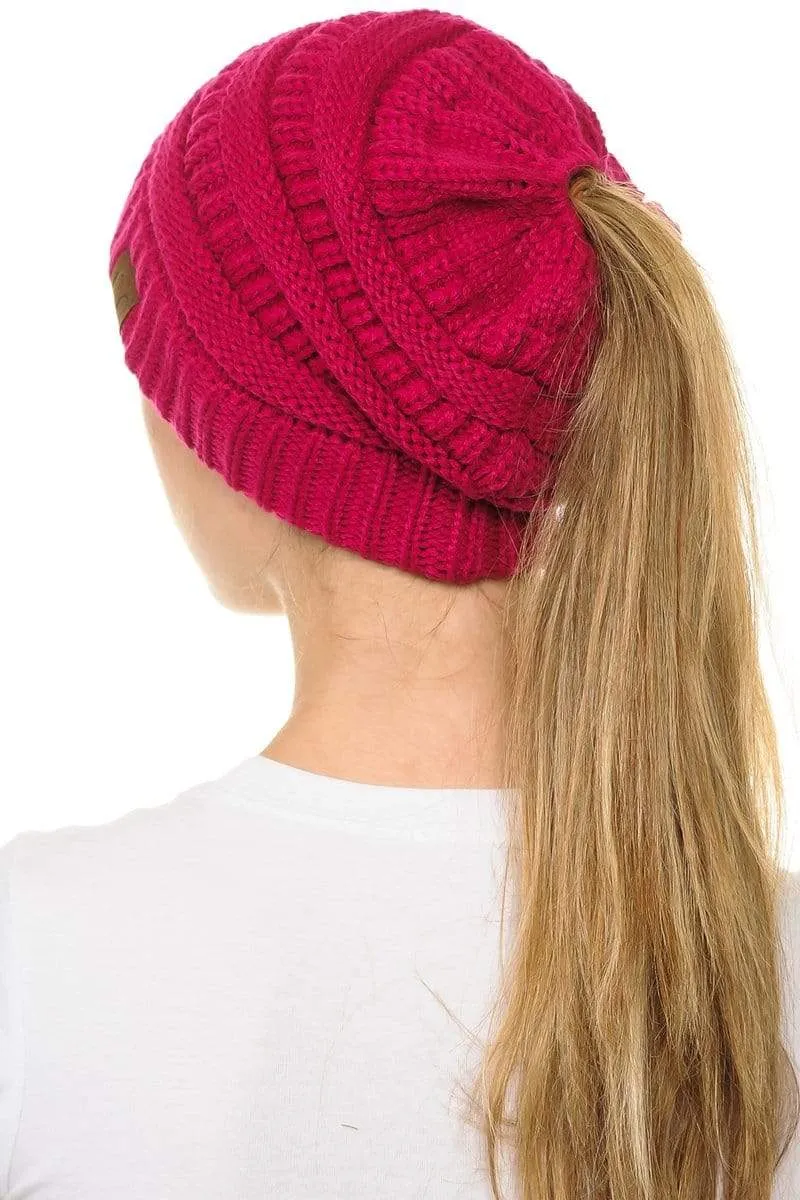 C.C MB20A  - Soft Stretch Cable Knit Warm Hat High Bun Ponytail Beanie