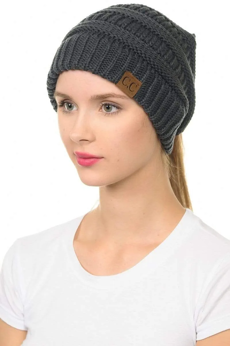 C.C MB20A  - Soft Stretch Cable Knit Warm Hat High Bun Ponytail Beanie
