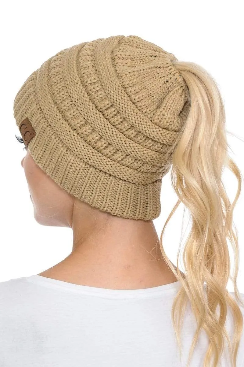 C.C MB20A  - Soft Stretch Cable Knit Warm Hat High Bun Ponytail Beanie