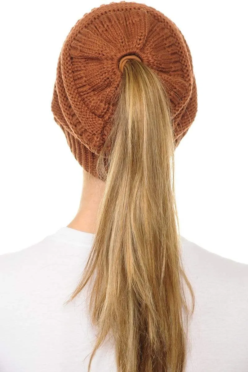 C.C MB20A  - Soft Stretch Cable Knit Warm Hat High Bun Ponytail Beanie