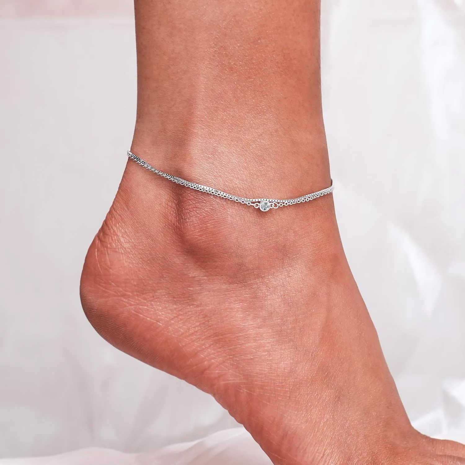 CHIC & ARTSY 925 Sterling Silver Ankle Bracelet Multilayer Anklets for Women Satellite, Star, Cross, Circle, Butterfly, Teardrop, Oval Disk Layered Anklet Beach Jewelry
