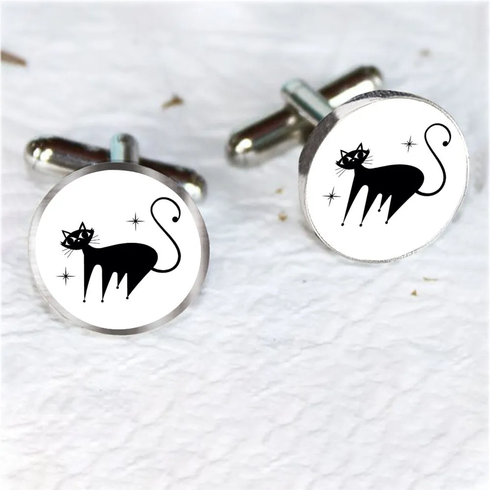 Cuff links for Men, Mid Century Cat Cuff links, Black Cat inspired Cuff links, Men's cufflinks,Shirt cuff links, 50s style Accessory for Men