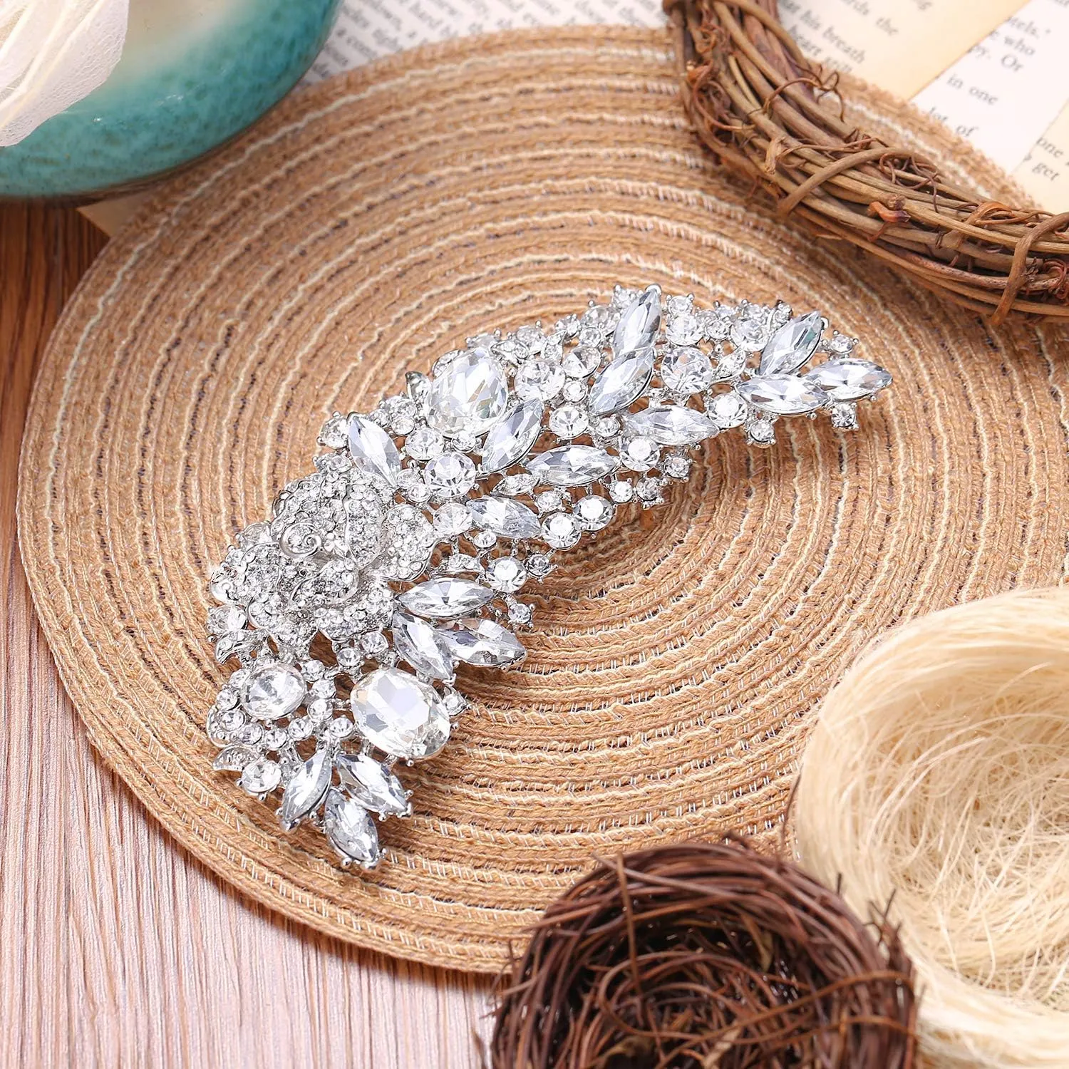 EVER FAITH 5 Inch Bridal Silver-Tone Flower Bouquet Brooch Austrian Crystal