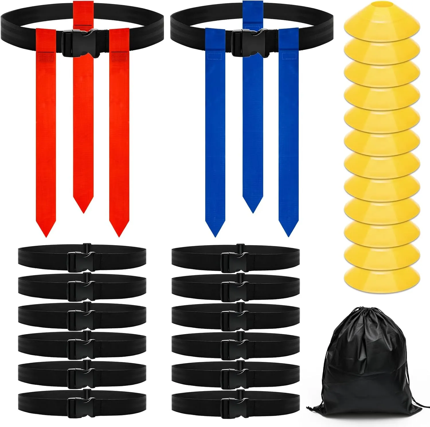 Flag Football Belts, 14 Player Flag Football Set, Includes 14 Belts, 42 Flags, 12 Cones and 1 Storage Bag, Flag Football Belts and Flags Set for Players Training
