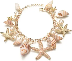 FUTIMELY Starfish Shell Bracelet Gold Chunky Starfish Bracelet Bohemian Pearl Charm Bracelet Mermaid Costume Jewelry for Women