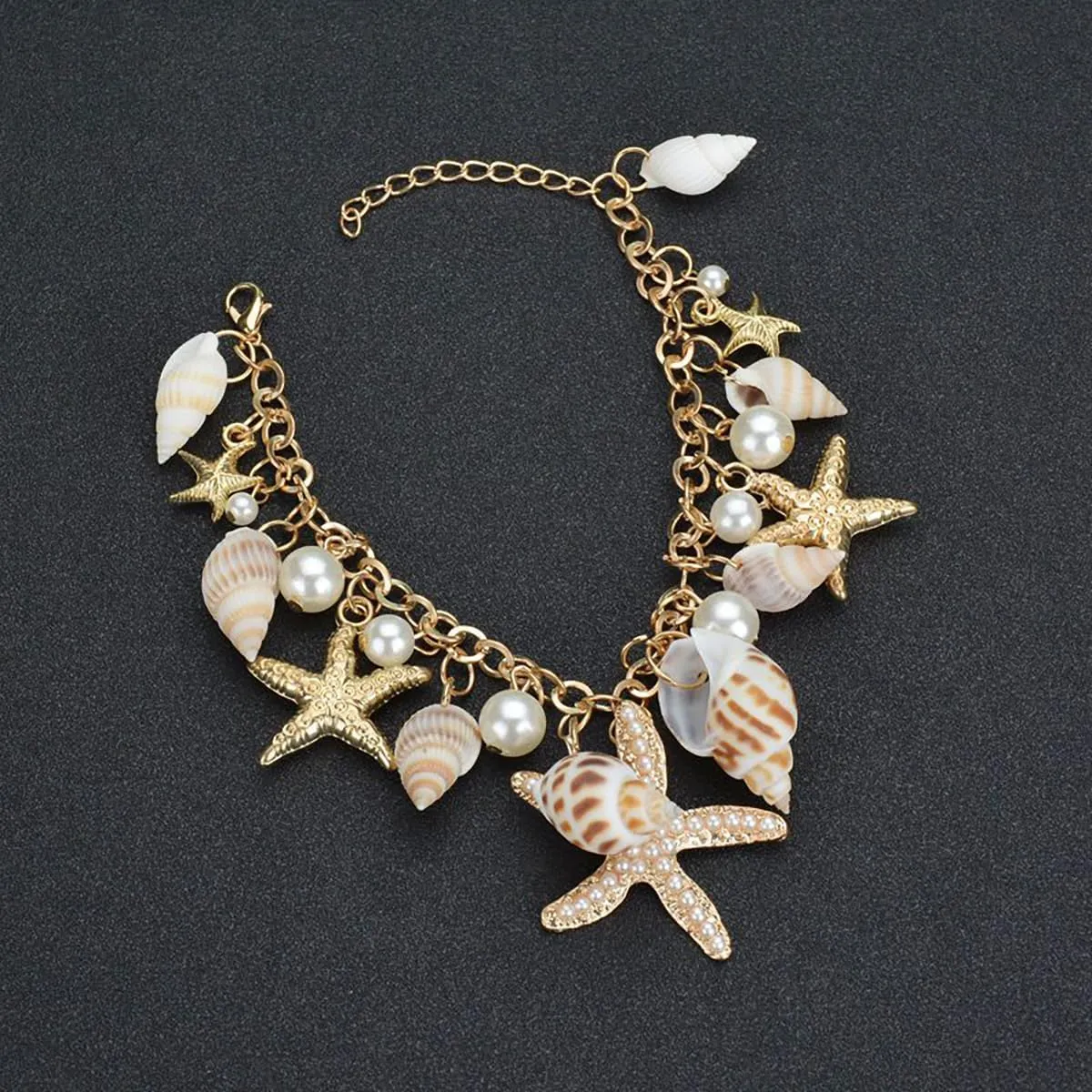 FUTIMELY Starfish Shell Bracelet Gold Chunky Starfish Bracelet Bohemian Pearl Charm Bracelet Mermaid Costume Jewelry for Women