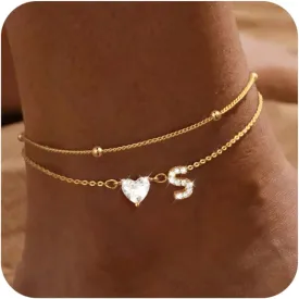 Gold Initial Ankle Bracelets for Women, 14K Gold Plated Dainty Love Heart CZ Trendy Layered Letter A-Z Waterproof Anklets Fashion Jewelry Gift for Women