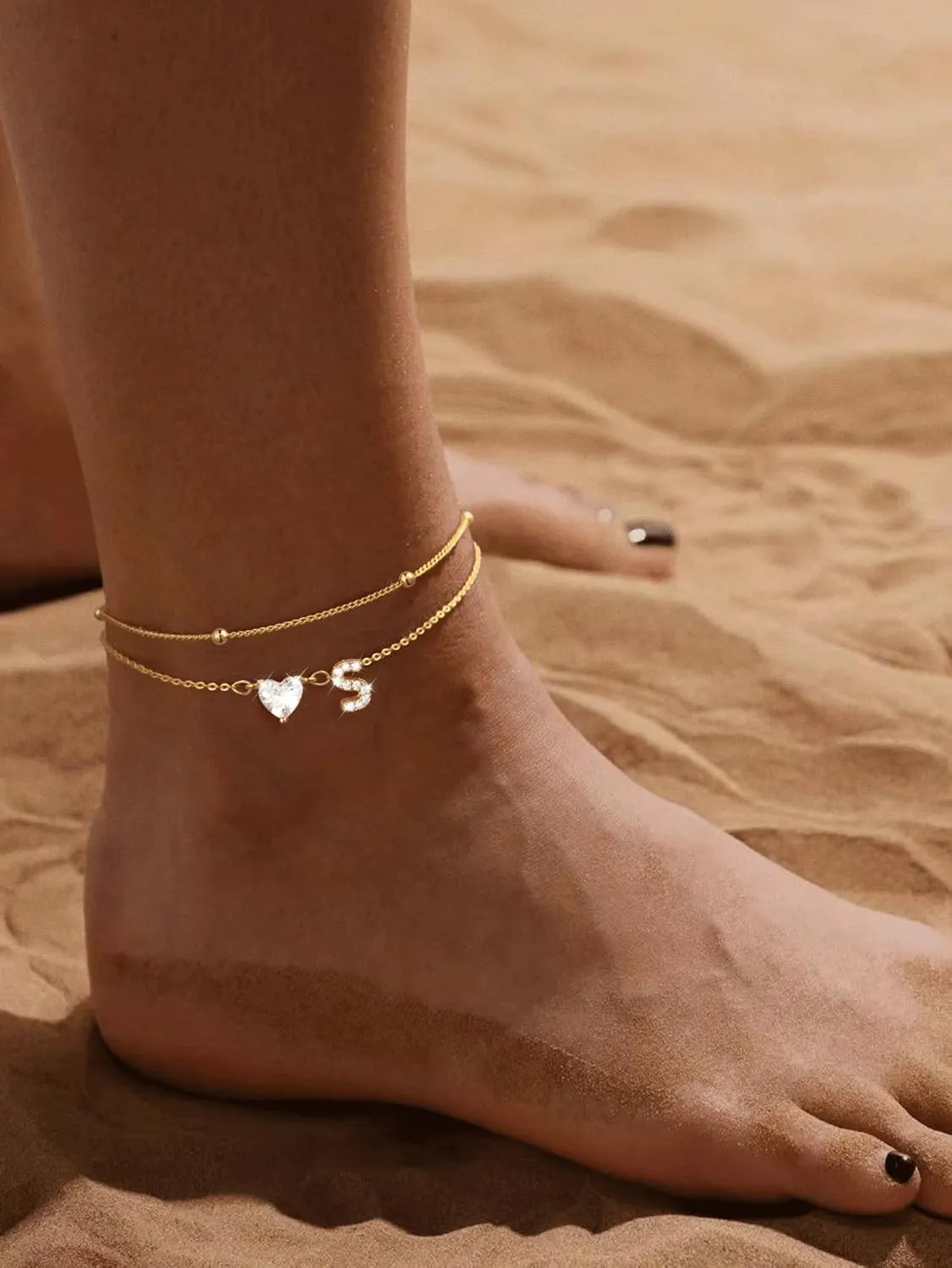 Gold Initial Ankle Bracelets for Women, 14K Gold Plated Dainty Love Heart CZ Trendy Layered Letter A-Z Waterproof Anklets Fashion Jewelry Gift for Women