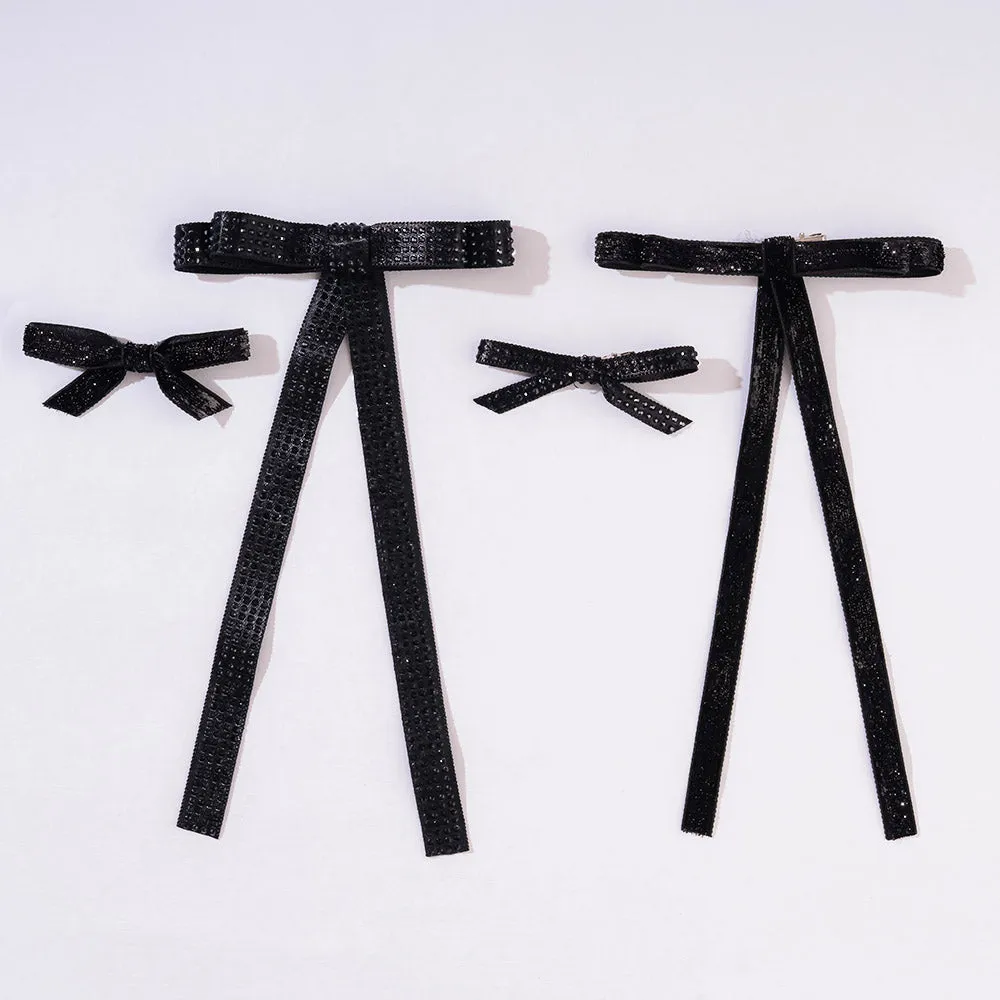 Hair Drama Co Black Satin Ribbon Crystal & Glitter Hair Bows - Set Of 4