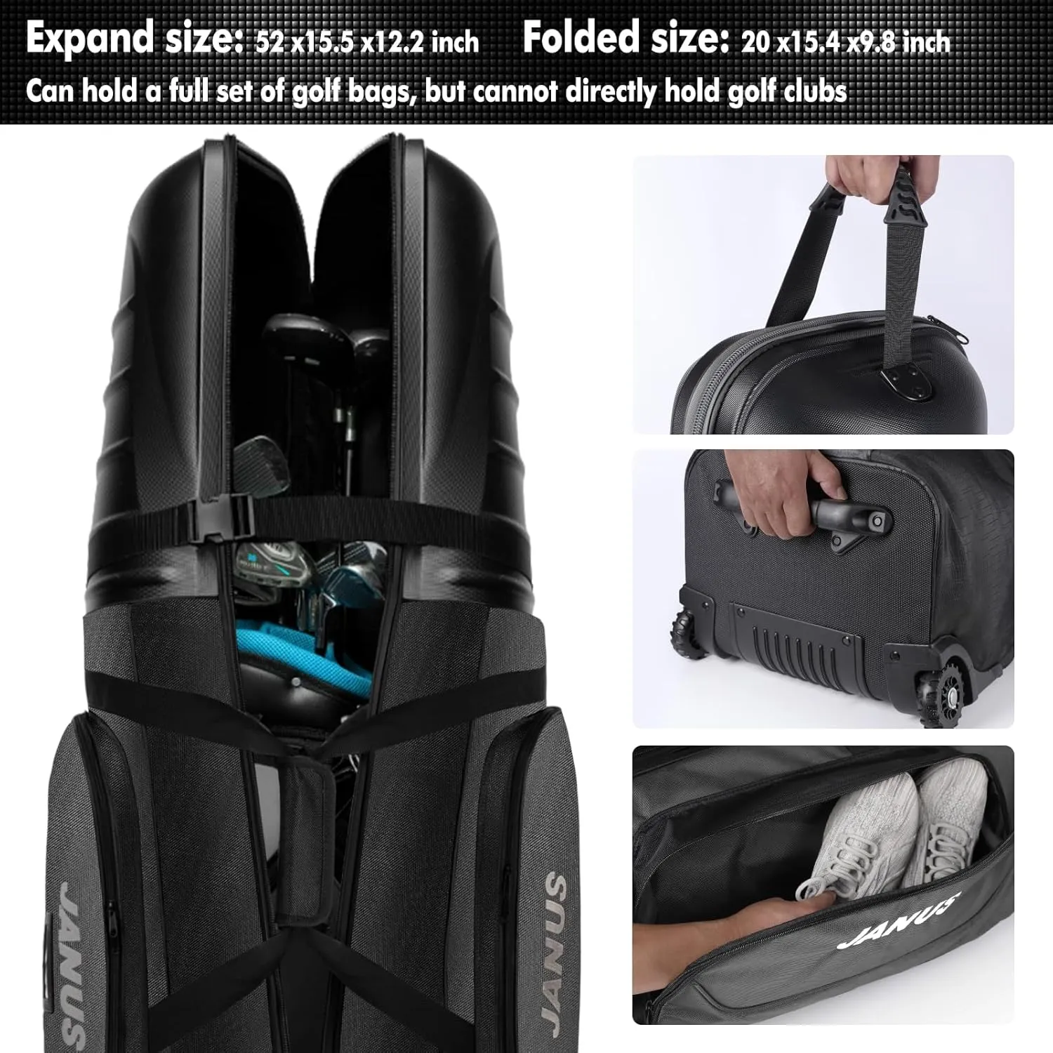 JANUS Golf Travel Bags for Airlines with Wheels, Hard Case Top and 1980D Heavy Duty Oxford Protect Golf Clubs, Lightweight and Easy to Maneuver