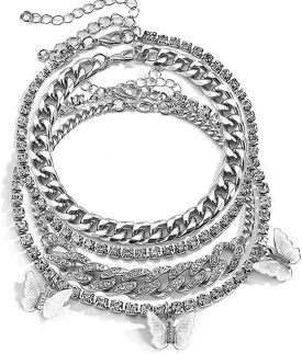 Layered Butterfly Anklet for Women Charms Butterfly Gold Silver Rhinestone Cuban Anklets Adjustable Anklet for Summer Beach