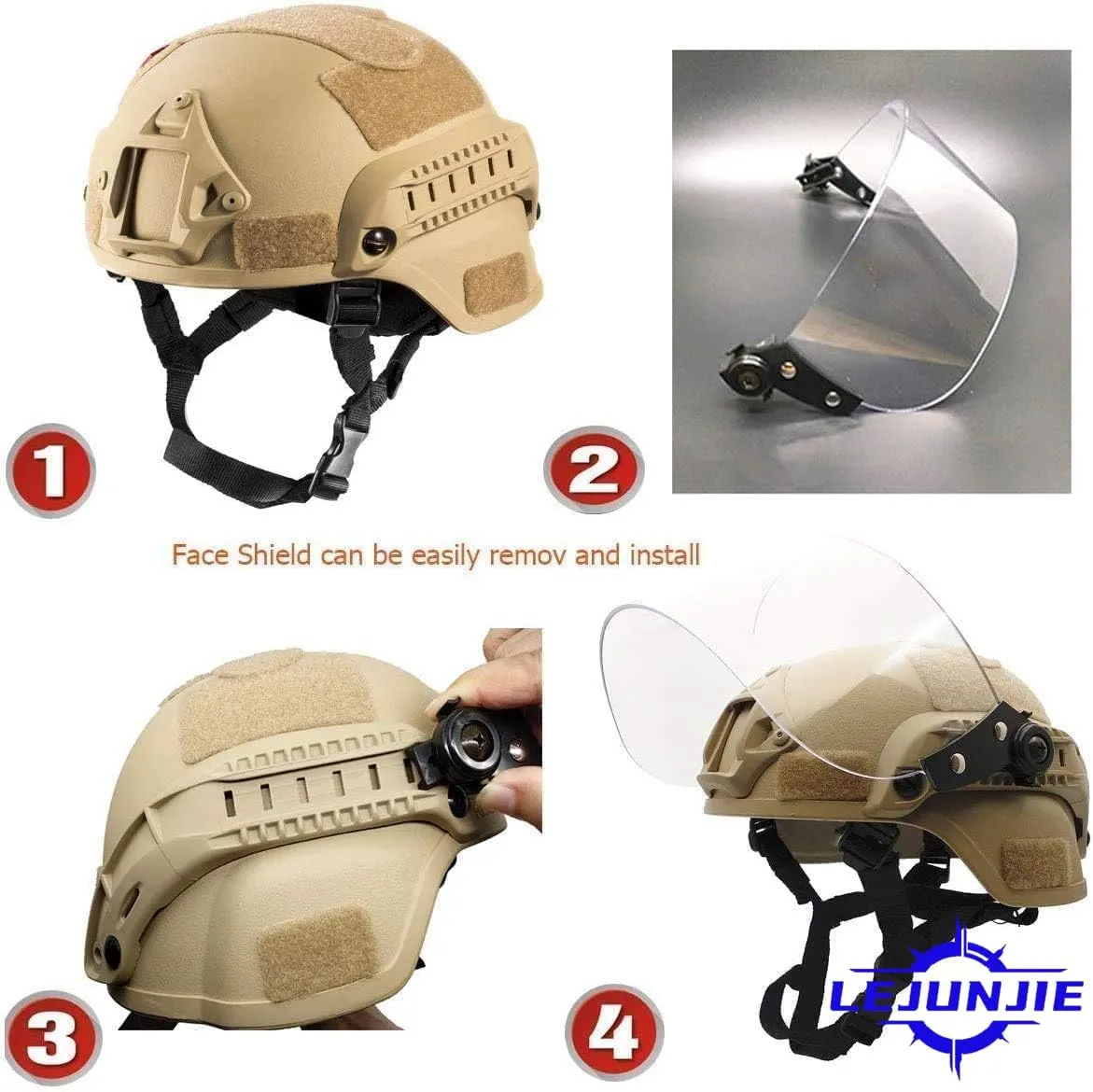 LEJUNJIE Tactical MICH 2000 Fast Helmet with Clear Riot Visor Face Shield Sliding Goggles for Airsoft Paintball CS War Games Outdoor Sports.