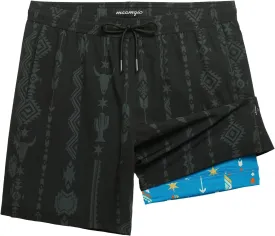 maamgic Mens Swim Trunks with Compression Liner 7 Inch Inseam Mens Bathing Suit Quick Dry Swimming Trunks Swimsuit Folk Pattern Black and Blue X-Large