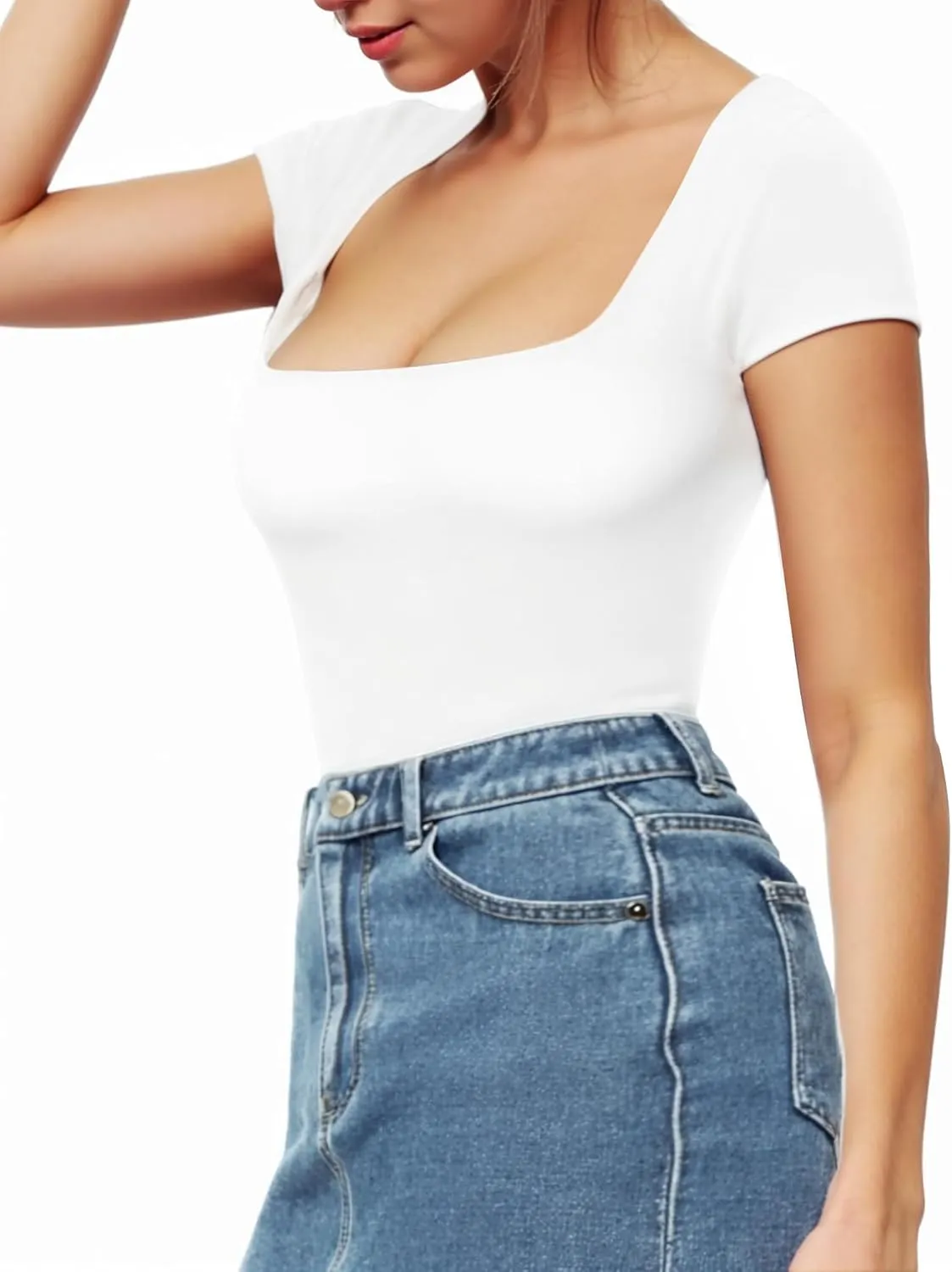 MANGOPOP Women's Square Neck Short Sleeve Long Sleeve Bodysuit Sexy Body Suits Shirt Slim Fitted Tops