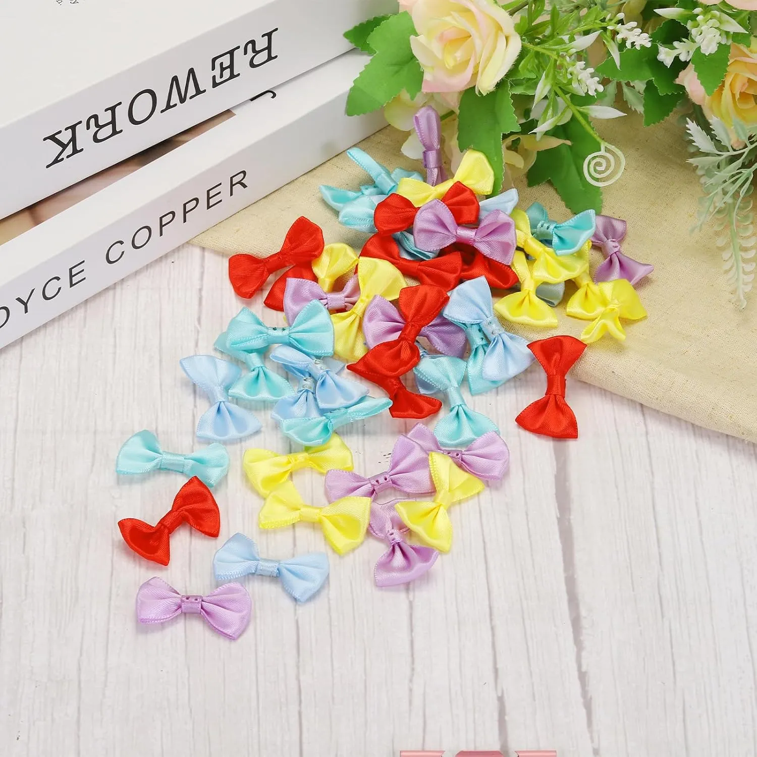 MECCANIXITY 100pcs Navy Blue Bow Ties 1.5" x 1" Mini Bowknot for Crafting Little Satin Bows Bulk for DIY Sewing Scrapbooking Wedding Gift Present Home Decoration