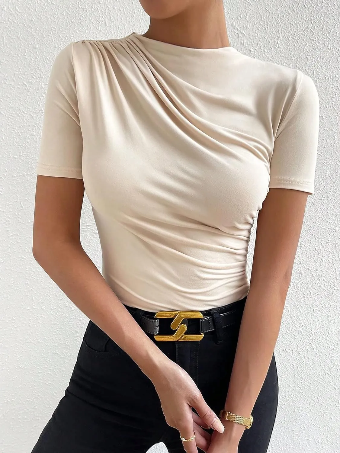 Milumia Women's Casual Ruched Mock Neck T Shirt Short Sleeve Tee Bodysuit Jumpsuit