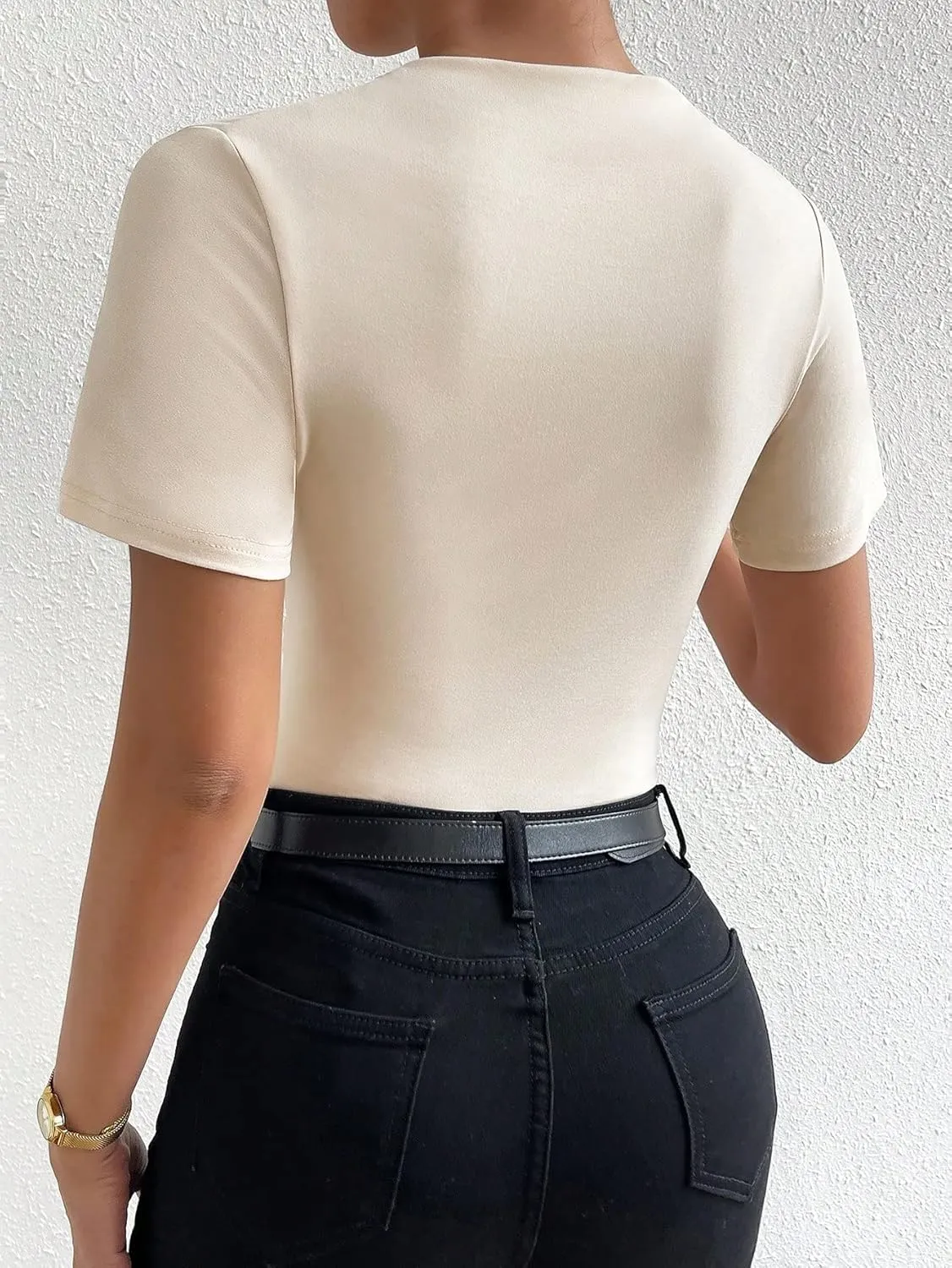 Milumia Women's Casual Ruched Mock Neck T Shirt Short Sleeve Tee Bodysuit Jumpsuit