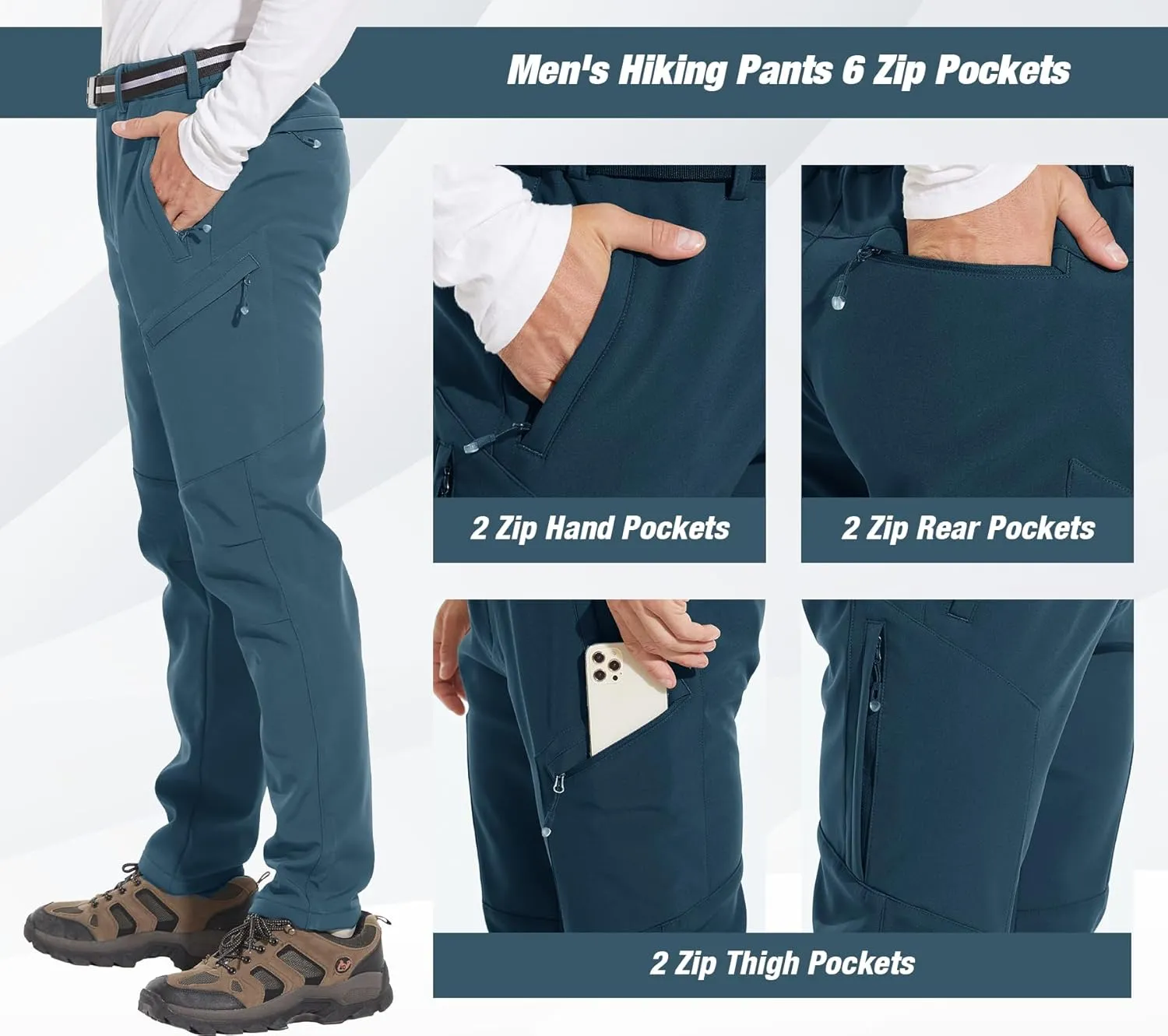 MOURCE Men's Fleece Lined Snow Hiking Pants Water ResistantInsulated Winter Ski Pants 6 Zip Pockets and Belt