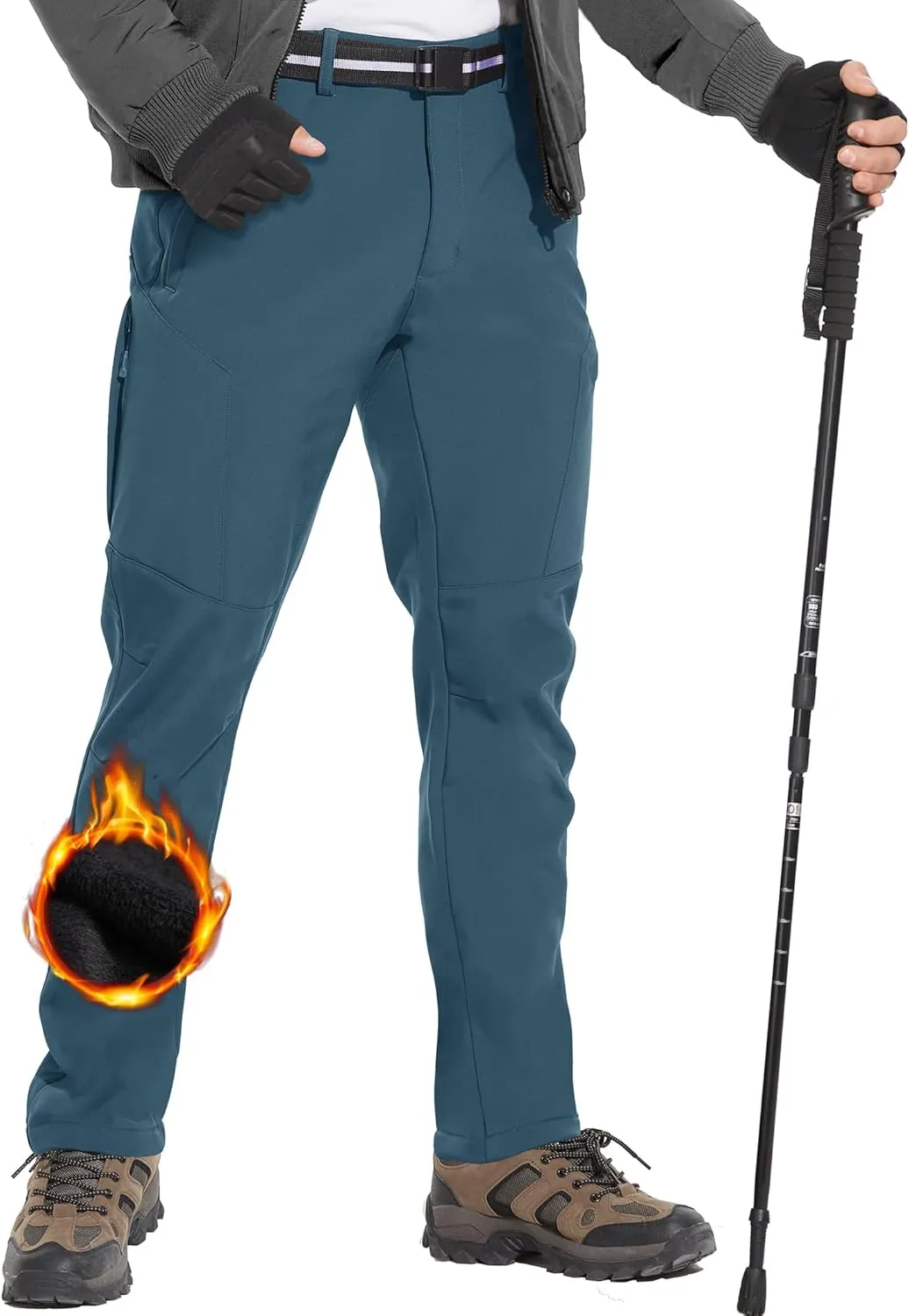 MOURCE Men's Fleece Lined Snow Hiking Pants Water ResistantInsulated Winter Ski Pants 6 Zip Pockets and Belt