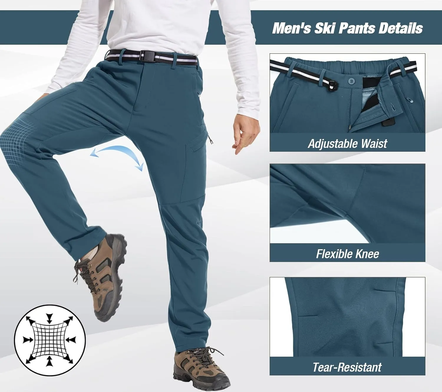 MOURCE Men's Fleece Lined Snow Hiking Pants Water ResistantInsulated Winter Ski Pants 6 Zip Pockets and Belt