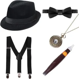MYRISAM 1920s Mens Gatsby Gangster Costume 5pcs Accessories Set, Suspenders, Bow Tie, Plastic Cigar, Pocket Watch, Fedora Hat