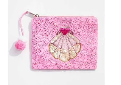 Pearl Seashell Beaded Zip Pouch - Pink
