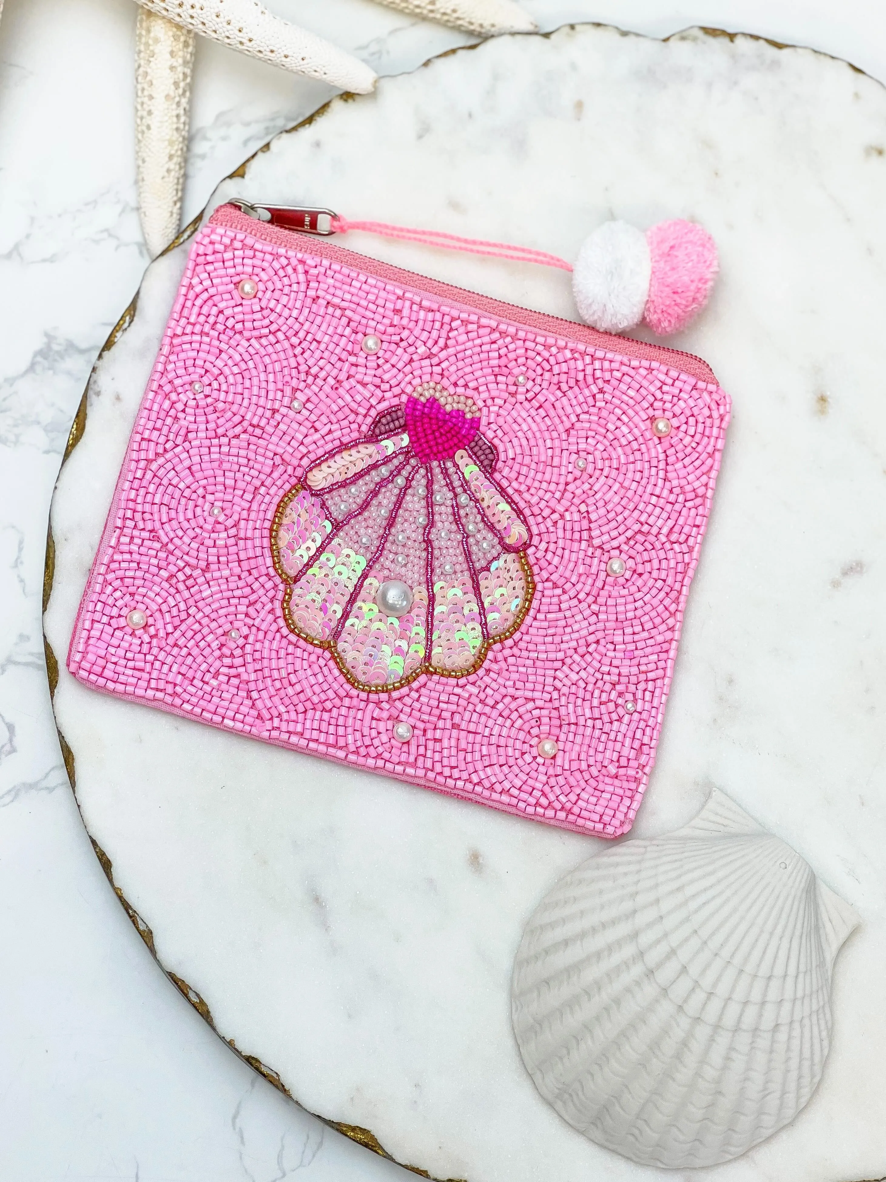Pearl Seashell Beaded Zip Pouch - Pink