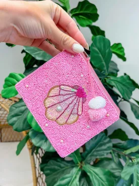 Pearl Seashell Beaded Zip Pouch - Pink