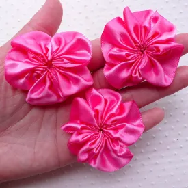 Pink Fabric Flowers / Satin Ribbon Ruffle Floral Applique (3pcs / 5cm) Toddler Headbands Newborn Hair Bows Girl Hair Accessories Making B186