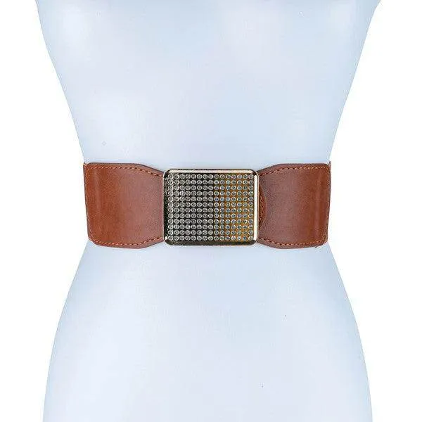 Rectangle Rhinestoned Smocked Leather Belt