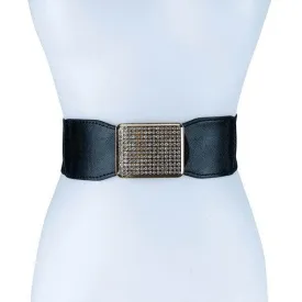 Rectangle Rhinestoned Smocked Leather Belt
