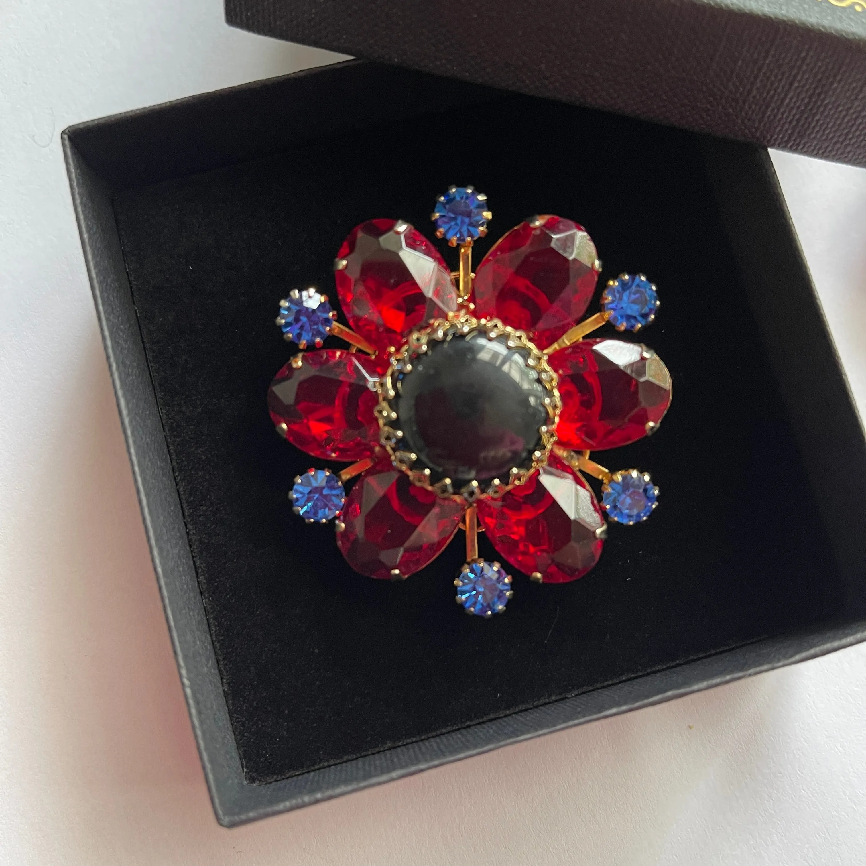 Red & Blue Vintage Rhinestone Brooch