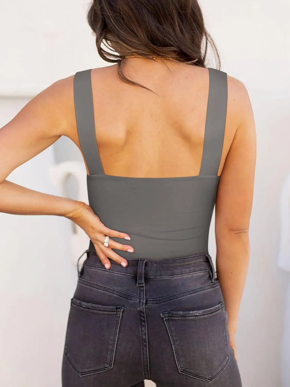 REORIA Butsmooth Womens Basic Sexy Square Neck Sleeveless Tank Tops Bodysuits Clubwear