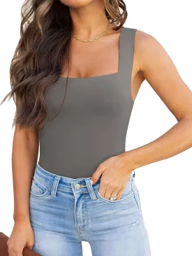 REORIA Butsmooth Womens Basic Sexy Square Neck Sleeveless Tank Tops Bodysuits Clubwear
